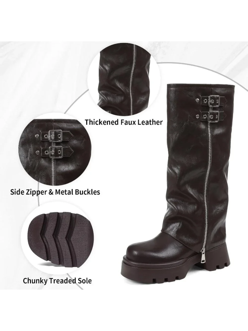 Women's Brown Faux Leather Chunky Heel Side Zipper, Metal Buckles Knee High Boot